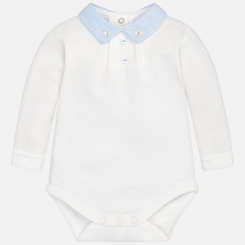 Mayoral Ivory With Baby Blue Stripe Collar Peter Pan Polo Vest Top With Embroidered Dogs - 2701