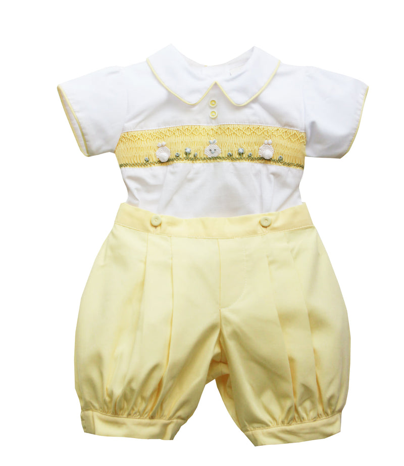 Pretty Originals Boys Smocked Easter Outfit - Lemon & White With Bunny Rabbits - MT02205