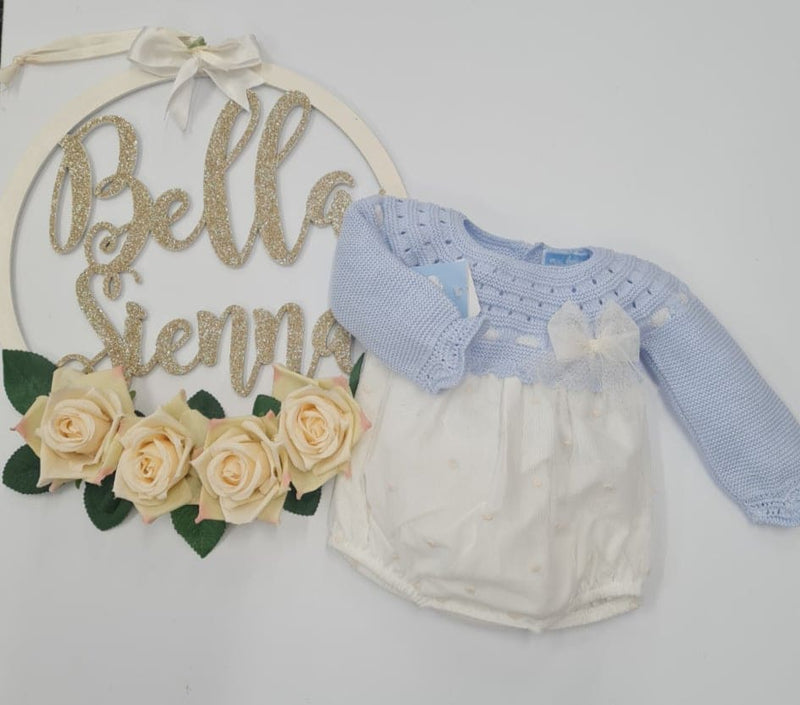 Mac ilusion Blue And Cream Embroidered Romper With Tulle & Bow - 8554 - Matching Blanket Available