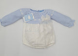 Mac ilusion Blue And Cream Embroidered Romper With Tulle & Bow - 8554 - Matching Blanket Available