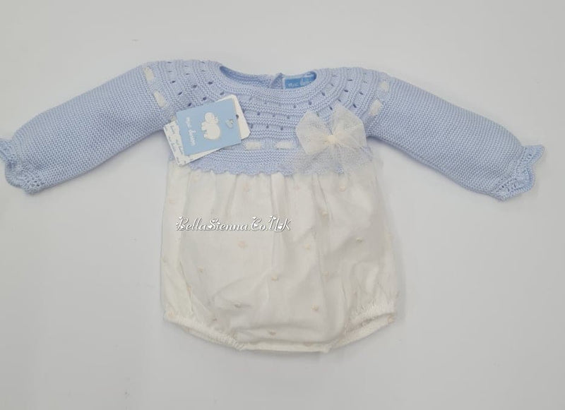 Mac ilusion Blue And Cream Embroidered Romper With Tulle & Bow - 8554 - Matching Blanket Available