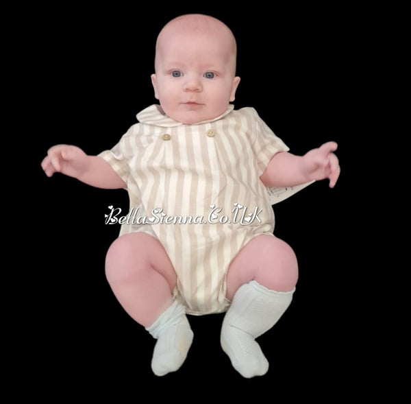 Rapife Ivory And Beige Striped Romper For Baby Boys