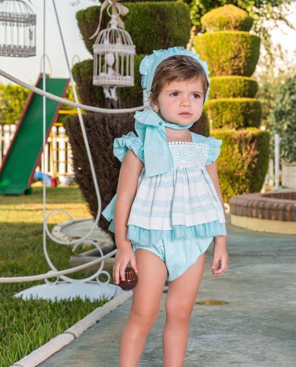 Babine Girls Dress, Pants And Bonnet Set