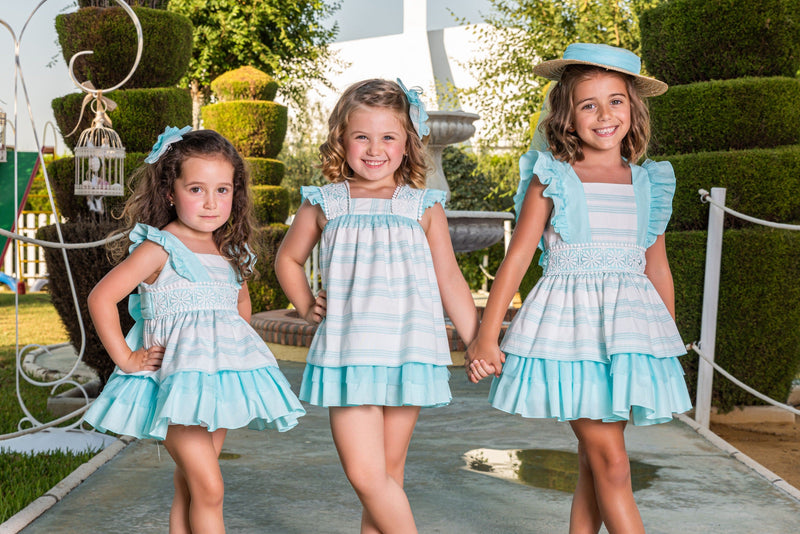 Babine Girls Dress, Pants And Bonnet Set