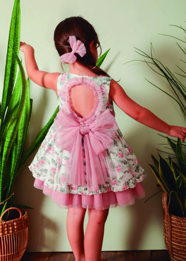 Basmarti Girls Dress With Cut Out Back & Dusky Pink Tulle Bow - 22052