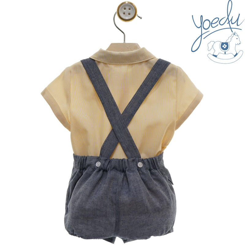 Yoedu Boys Lemon & Navy Dungaree Outfit With Dicky Bow - 0262