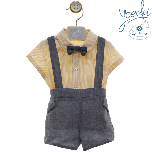 Yoedu Boys Lemon & Navy Dungaree Outfit With Dicky Bow - 0262