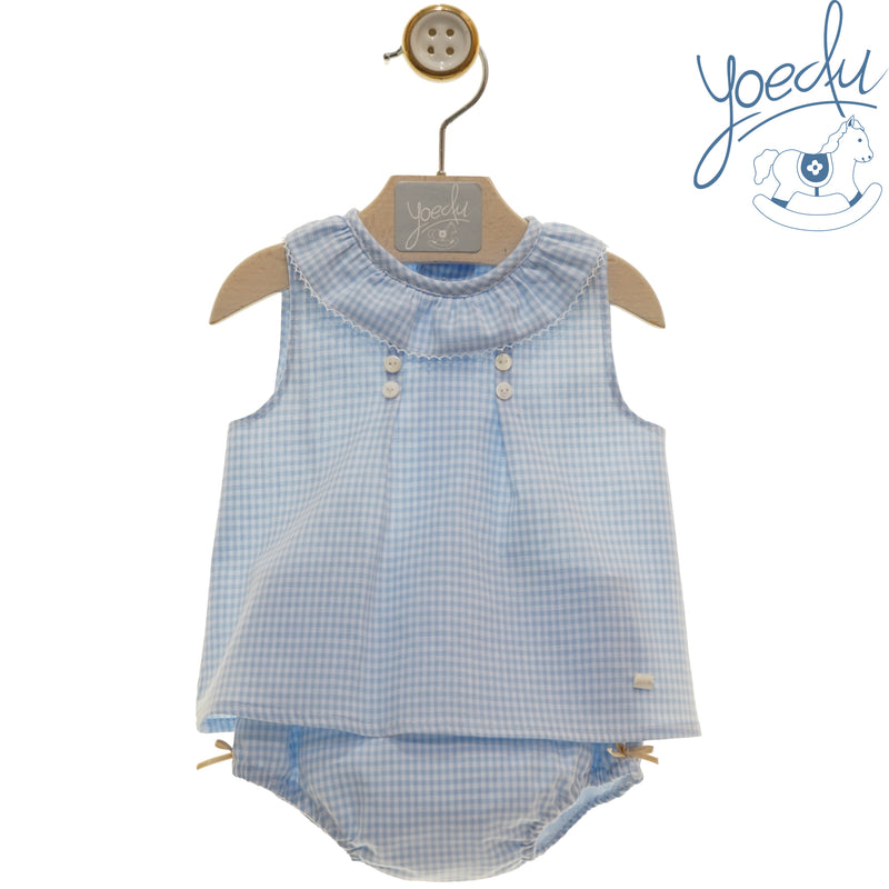 Yoedu Girls Blue & White Gingham Two Piece Set - 1809