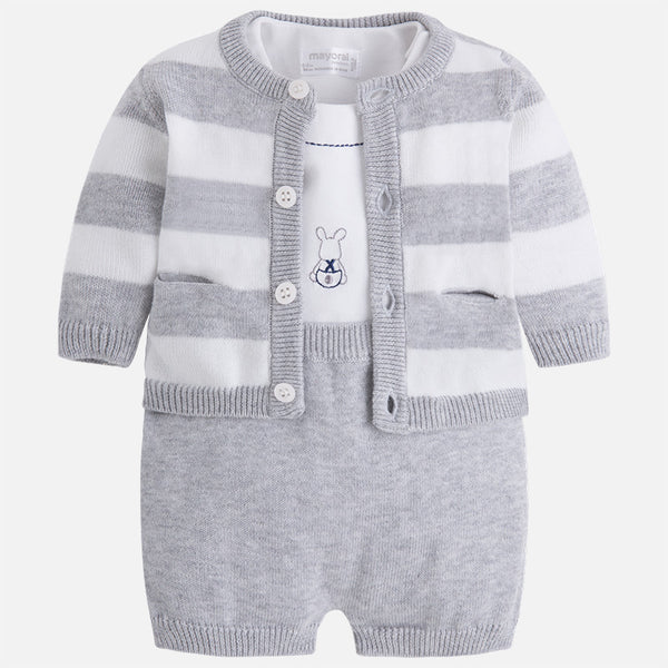 Mayoral Newborn Boys White And Grey Fine Knitted Three Piece Set