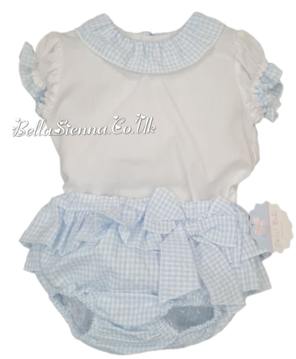 Petit Bebe Blue & White Gingham Frilly Jam Pants Set -18022