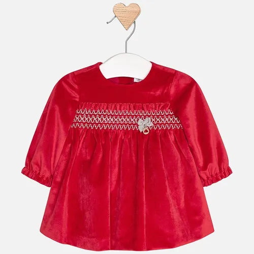 Mayoral Red Velour Dress With Smocking - 2850