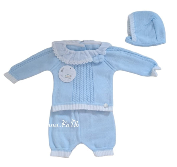 Juliana Unisex Baby Blue Knitted Three Piece Pom Pom  Set J762