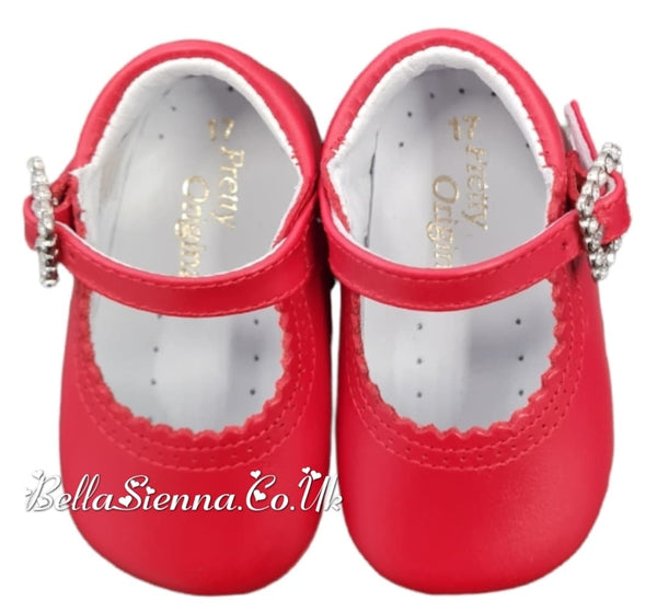 Pretty Originals Red Box Leather Pram Shoes With Diamate Buckle - UE02191A