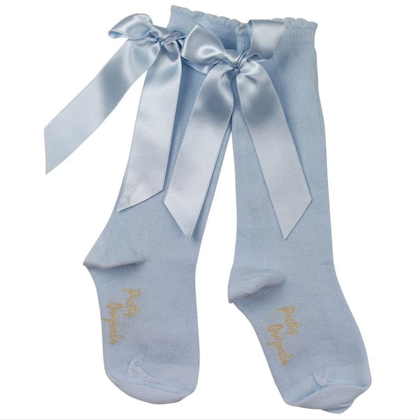 Pretty Originals Baby Blue Satin Bow Knee Socks - SC40301