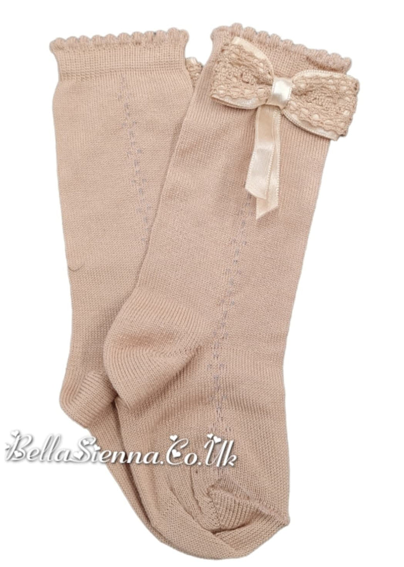 Dorian Girls Beige Bow Knee High Socks