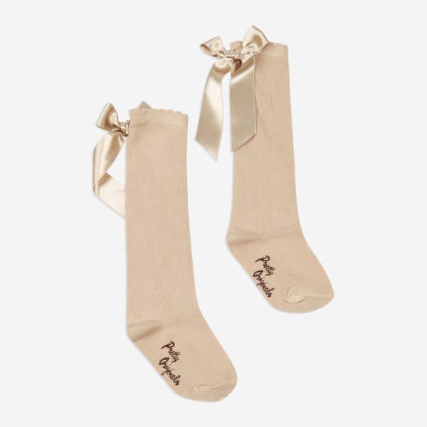 Pretty Originals Biscuit/ Beige Satin Bow Knee Socks - SC40301