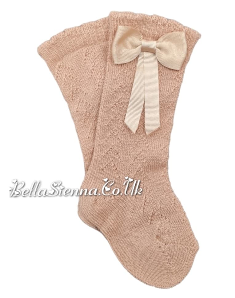Dorian Girls Beige/Camel Bow Knee High Socks