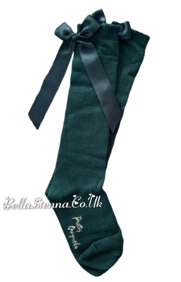 Pretty Originals Bottle Green Satin Bow Knee Socks - SC40301