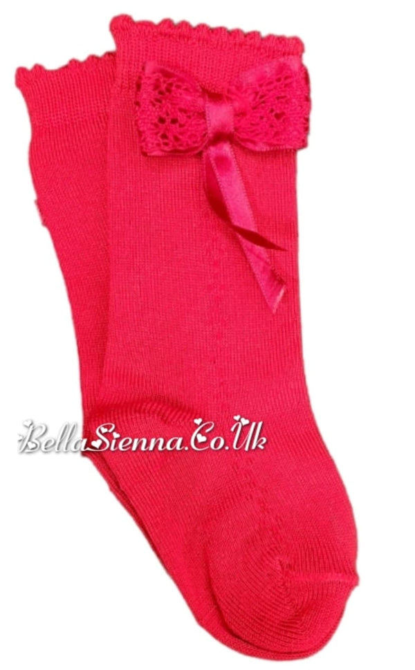 Dorian Girls Red Bow Knee High Socks
