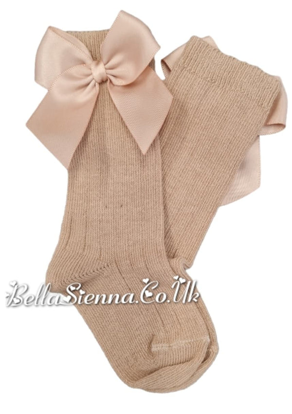 Carlomagno Beige Ribbed Knee High Girls Bow Socks