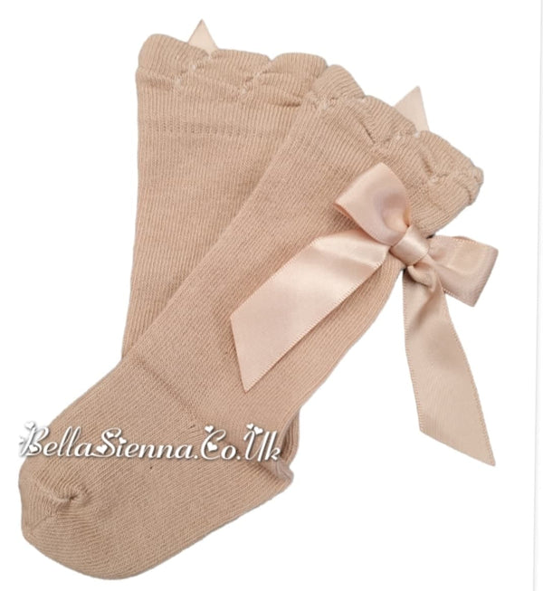 Carlomagno Beige Knee High Girls Bow Socks