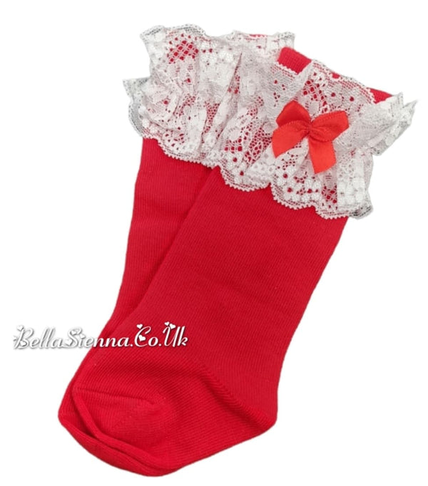 Dolce Petit Girls Knee High Red Lace Top Socks