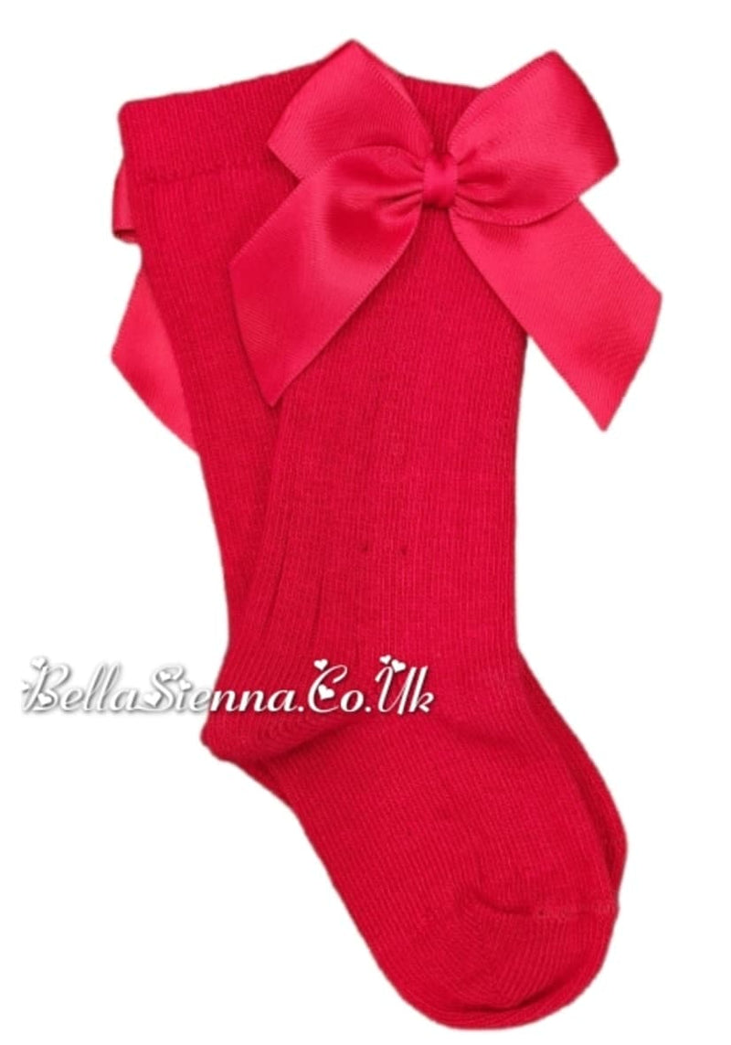 Carlomagno Red Ribbed Knee High Girls Bow Socks