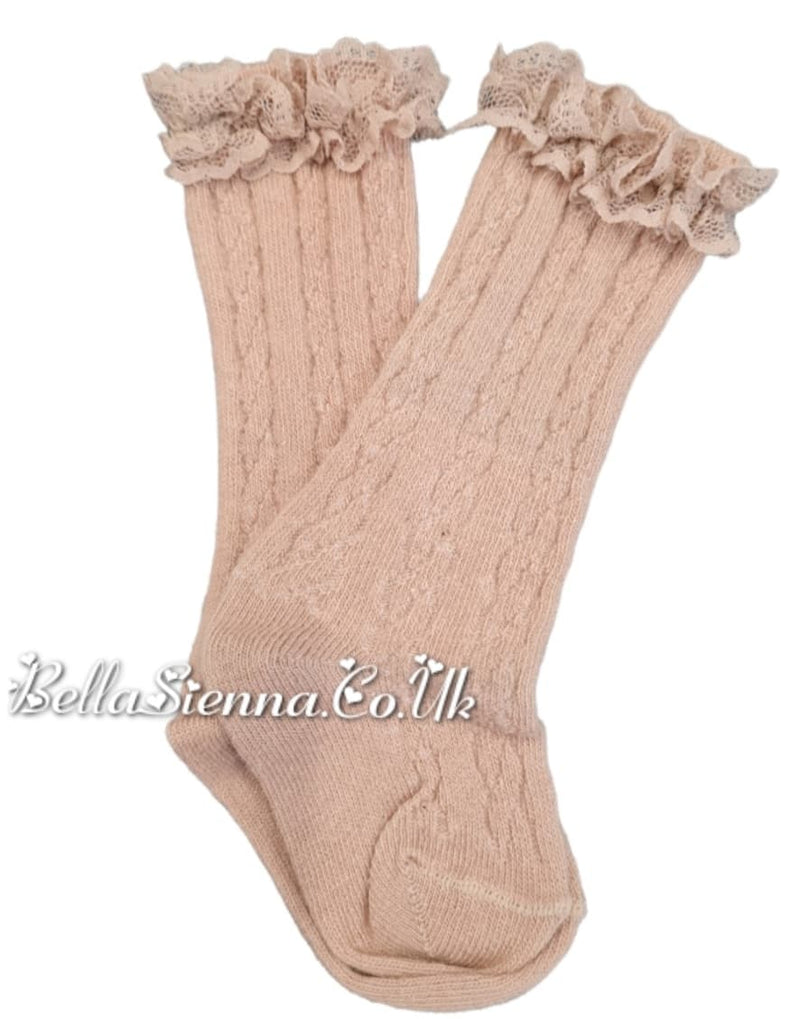 Carlomagno Beige Ribbed Knee High Girls Lace Socks