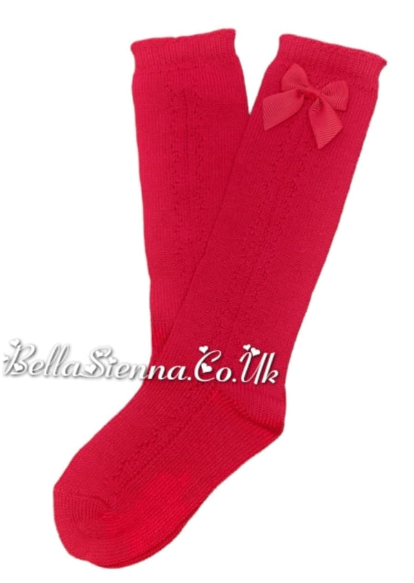 Dolce Petit Girls Red Side Openwork Bow Knee High Socks