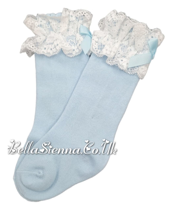 Dolce Petit Girls Baby Blue Knee High Lace Top Socks