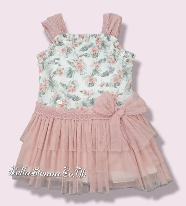 Basmarti Girls Ruffle Dress With Dusky Pink Tulle Bow - 22051