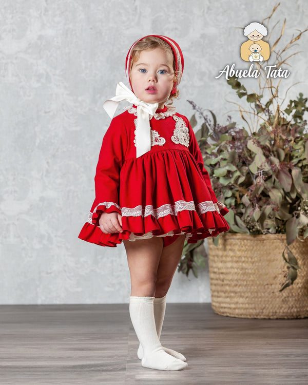 Abuela Tata Red & Cream Christmas Dress Pants & Bonnet Set - 1299331