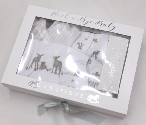 ROCK A BYE BABY BABY UNISEX LAMBS 5 PIECE SET IN A GIFT BOX (0-3 MONTHS)