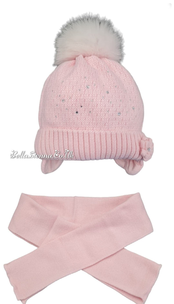 Barbaras Luxury Diamanté and Flower Detail Pom Pom Hat And Scarf Set Pink