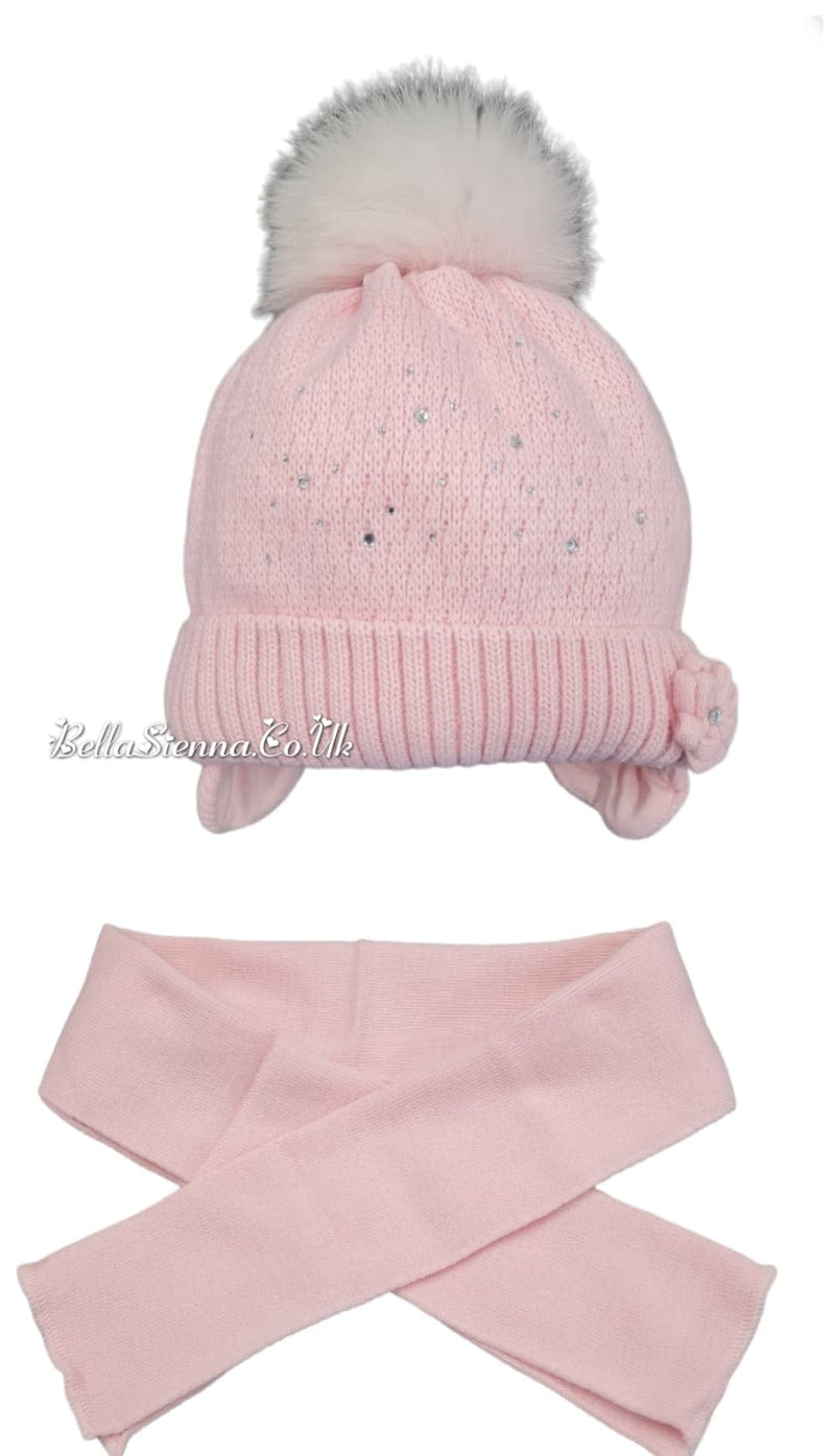 Barbaras Luxury Diamanté and Flower Detail Pom Pom Hat And Scarf Set Pink