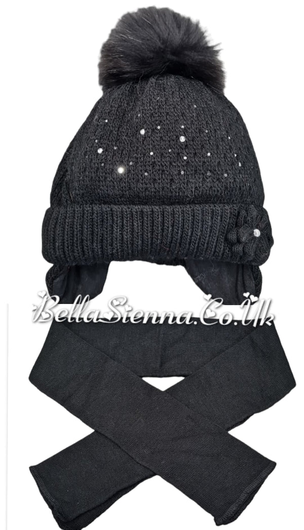 Barbaras Luxury Diamanté and Flower Detail Pom Pom Hat And Scarf Set Black