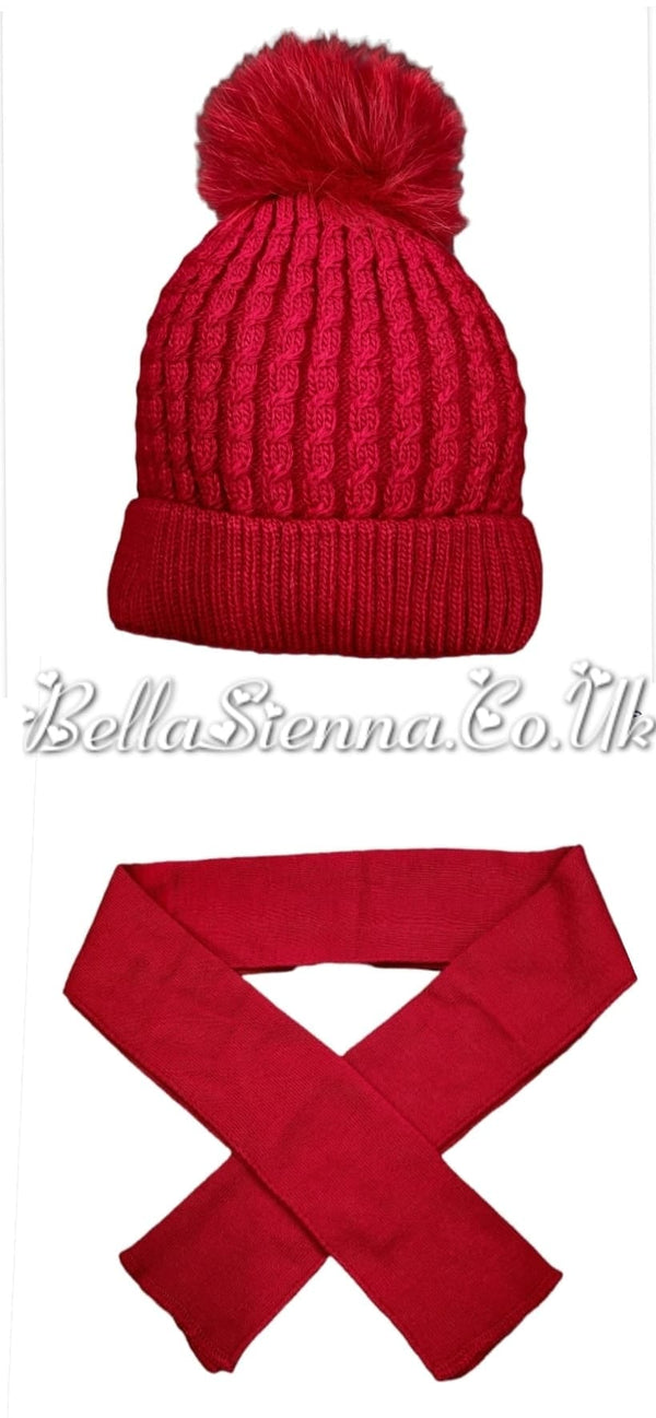 Barbaras Luxury Unisex Cable Detail Pom Pom Hat And Scarf Set Red