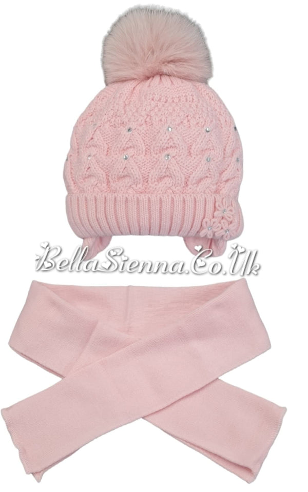 Barbaras Luxury Diamanté and Flower Detail Pom Pom Hat And Scarf Set Pink