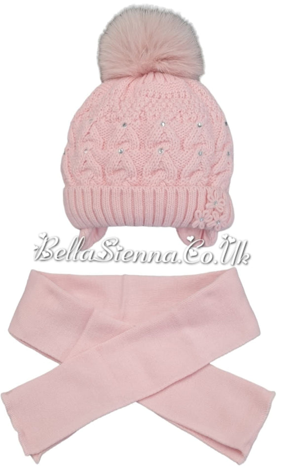 Barbaras Luxuary Diamanté and Flower Detail Pom Pom Hat And Scarf Set Pink