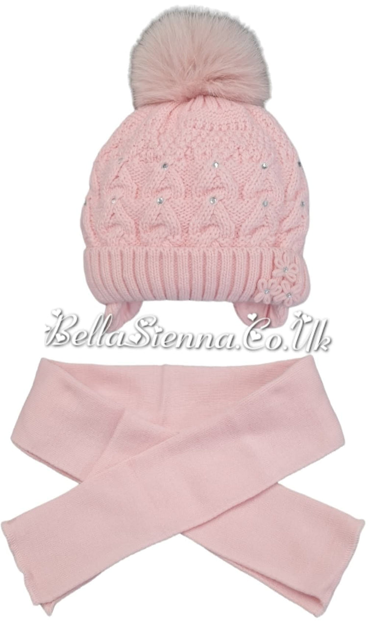 Barbaras Luxury Diamanté and Flower Detail Pom Pom Hat And Scarf Set Pink