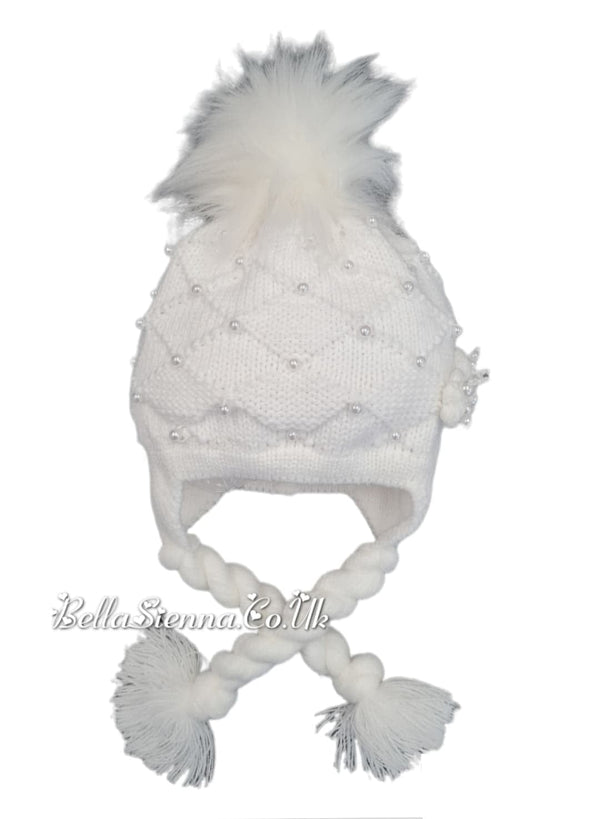 Barbaras Luxuary Pearl and Flower Detail Pom Pom Hat And Scarf Set White