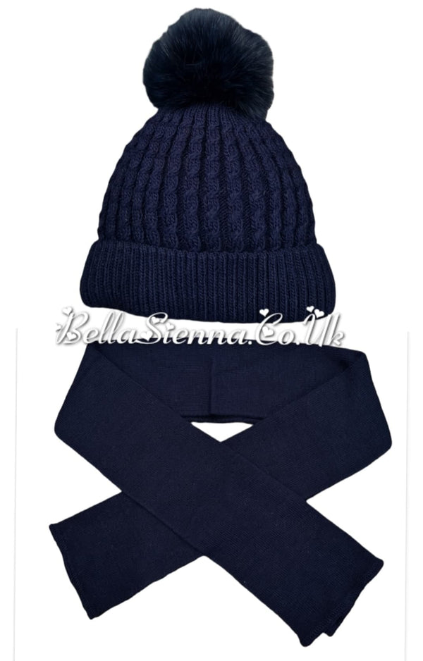 Barbaras Luxury Unisex Cable Detail Pom Pom Hat And Scarf Set Navy Blue
