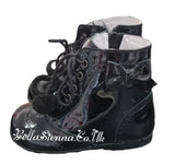 Andanines Girls Black Patent Leather Boots With Bows & Pom Poms