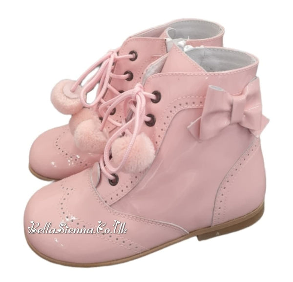 Andanines Girls Pink Patent Leather Boots With Bows & Pom Poms