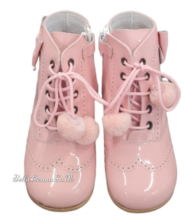 Andanines Girls Pink Patent Leather Boots With Bows & Pom Poms