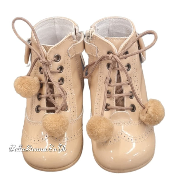 Andanines Girls Sand Patent Leather Boots With Bows & Pom Poms