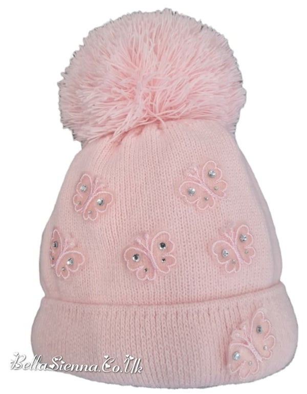 Barbaras Luxuary Diamanté and Butterfly Detail Baby Girls Pom Pom Hat  Pink