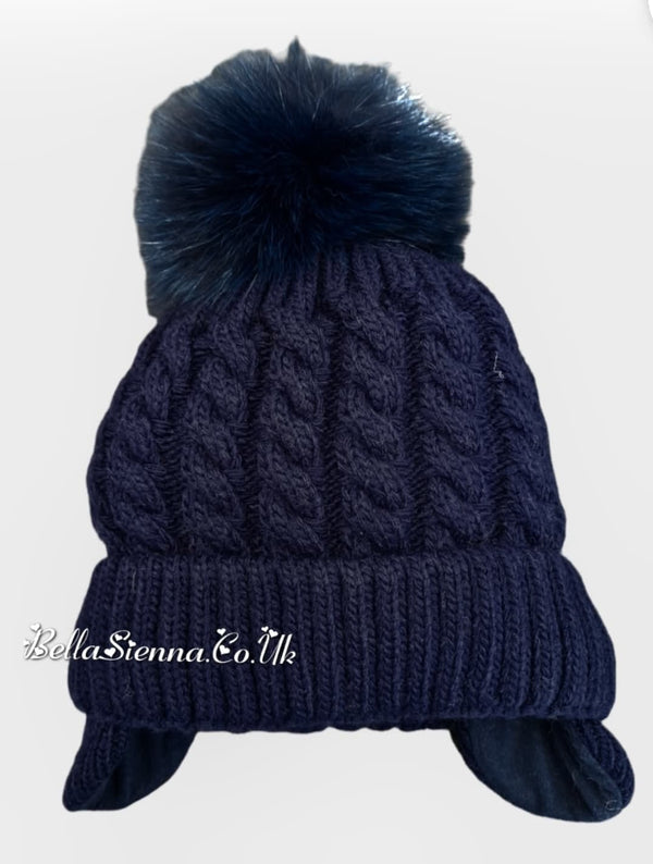Barbaras Luxury Unisex Cable Detail Pom Pom Hat  Navy Blue