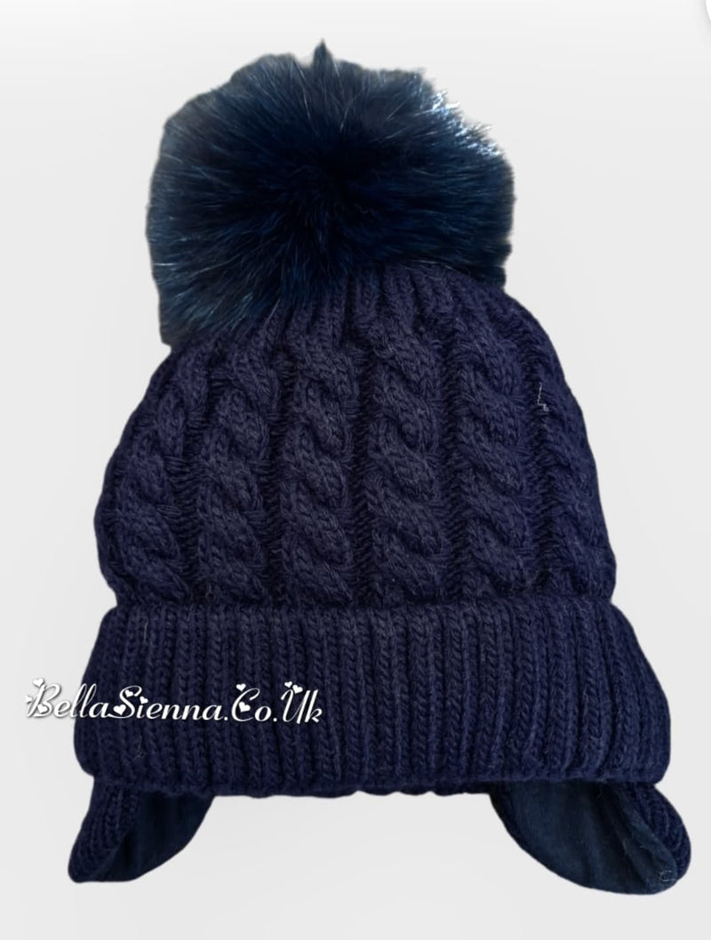 Barbaras Luxury Unisex Cable Detail Pom Pom Hat  Navy Blue