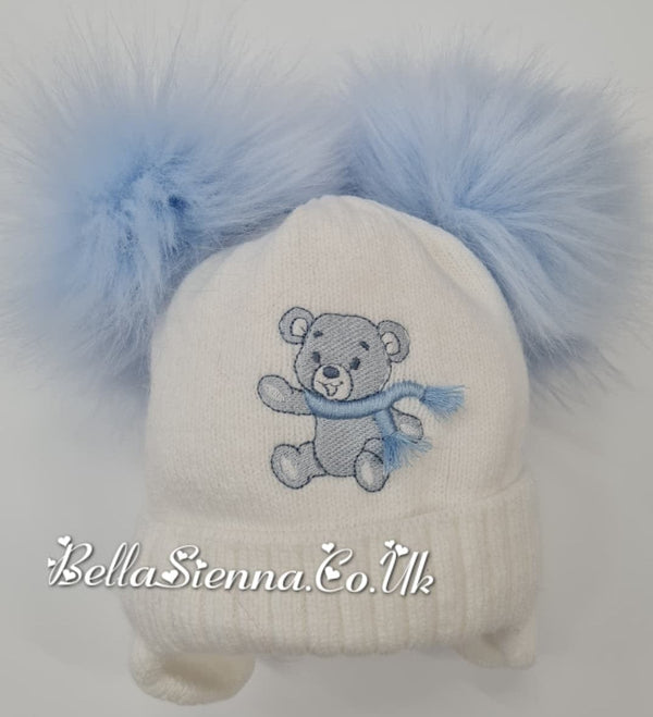 Little Nosh Unisex White And Blue Two Pom Hat
